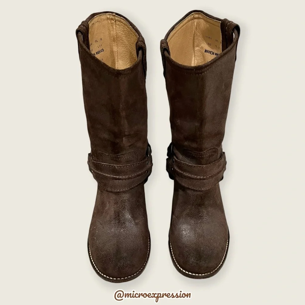 $379 Frye Carmen Harness Motorcycle Brown Leather Mid Calf Pull On Short Boot - Picture 6 of 13